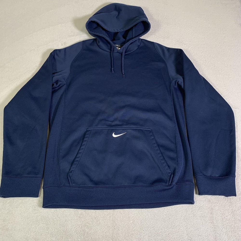 Nike Therma FIT Hoodie Mens Small Navy Blue Pullover Sweatshirt Center Swoosh